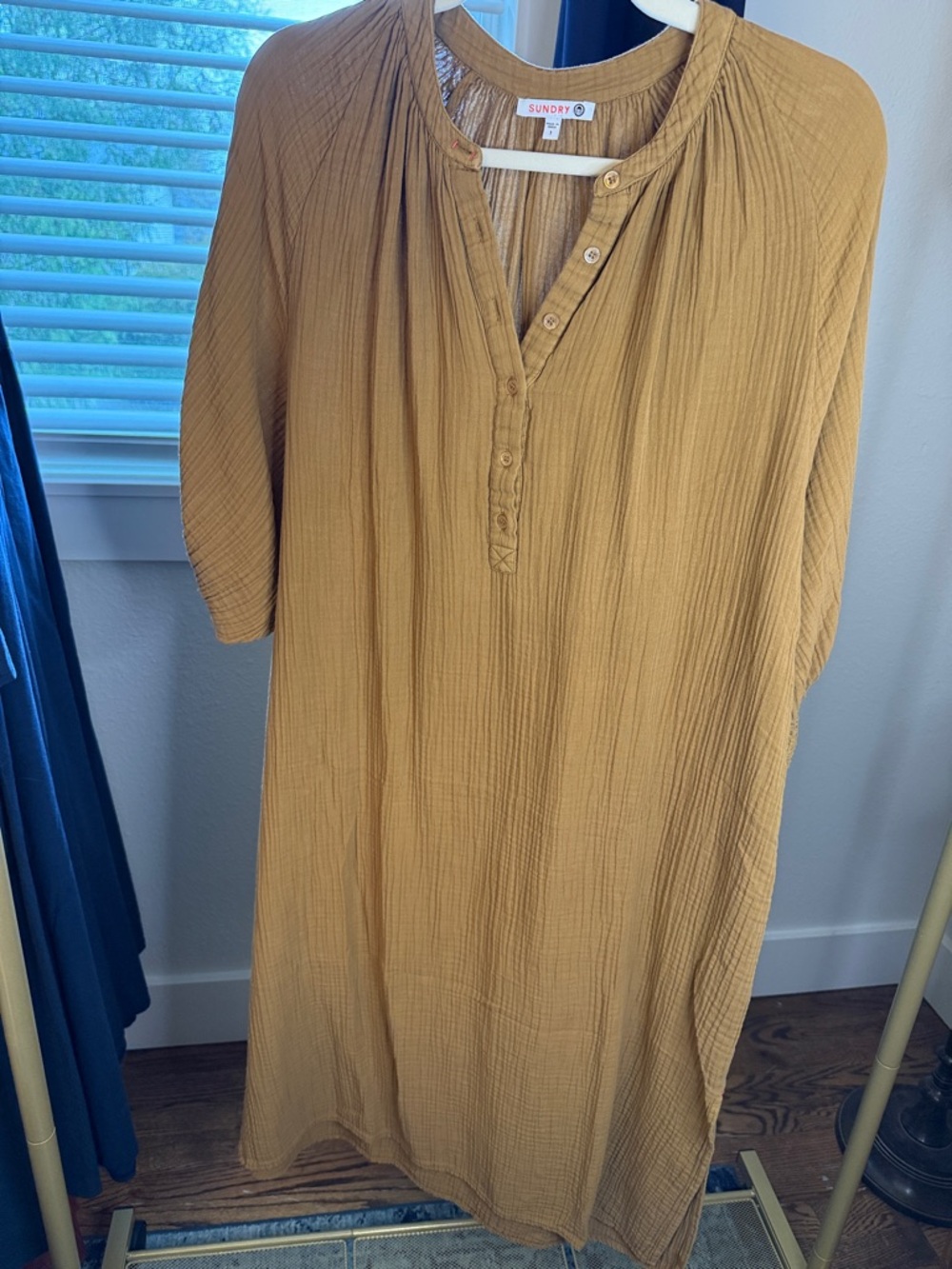 Sundry Mustard Lightweight Gauze Henley Dress